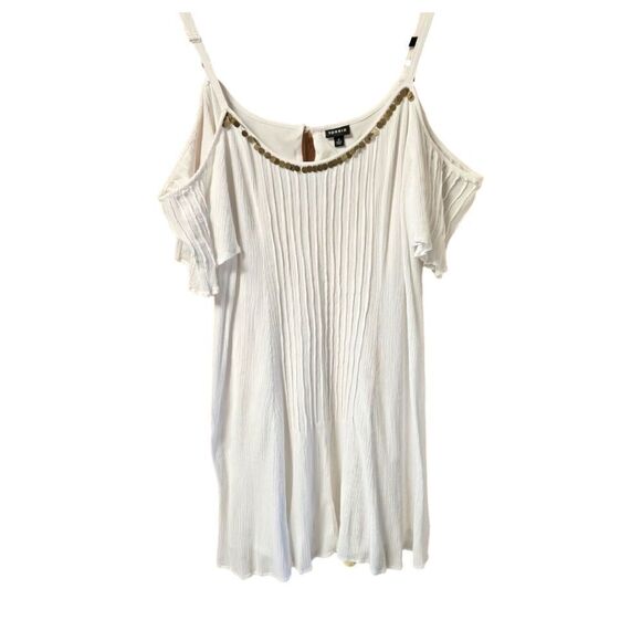 TORRID MINI IVORY GAUZY Cold Shoulder Trapeze dress With Gold Sequins - Picture 3 of 16